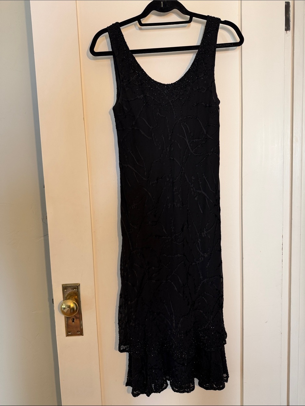 Cameron Blake by Mon Cheri Black Silk Beaded Sleeveless Evening Dress